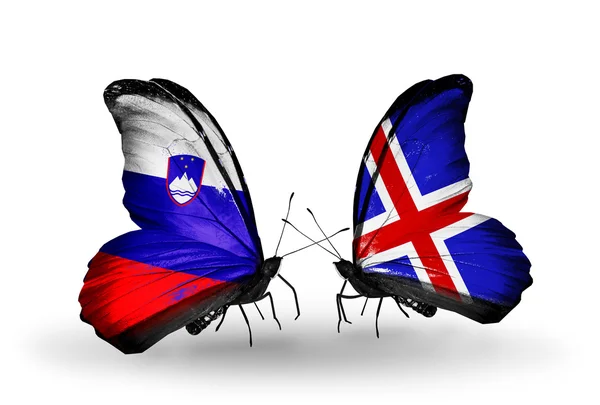 Butterflies with Slovenia and  Iceland flags — Stock Photo, Image