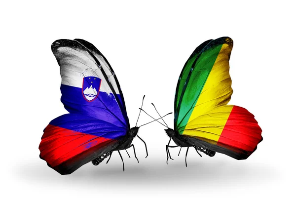 Butterflies with Slovenia and Kongo flags — Stock Photo, Image