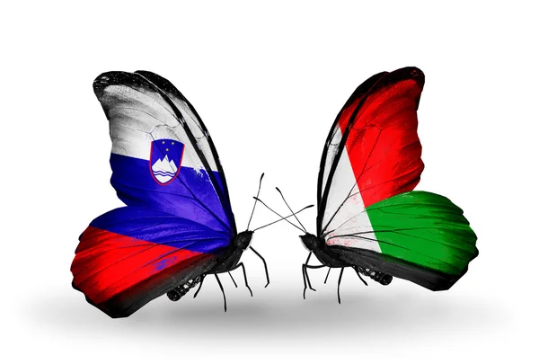 Butterflies with Slovenia and Madagascar flags — Stock Photo, Image