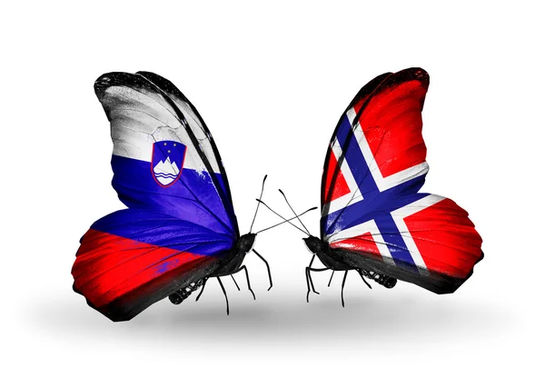 Kelebekler Slovenya ve Norveç bayrağı ile — Stok fotoğraf