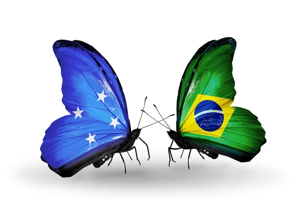 Farfalle con bandiere Micronesia e Brasile — Foto Stock
