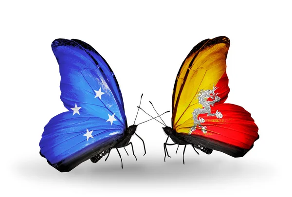 Butterflies with Micronesia and Bhutan flags — Stock Photo, Image