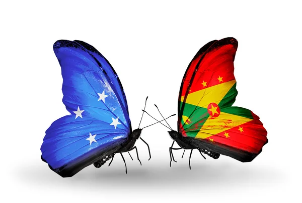 Farfalle con bandiere Micronesia e Grenada — Foto Stock