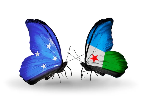 Butterflies with Micronesia and Djibouti flags — Stock Photo, Image