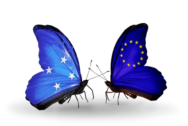 Butterflies with Micronesia and European Union flags — Stock Photo, Image
