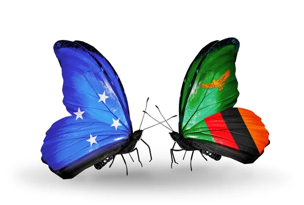 Mariposas con banderas de Micronesia y Zambia — Foto de Stock