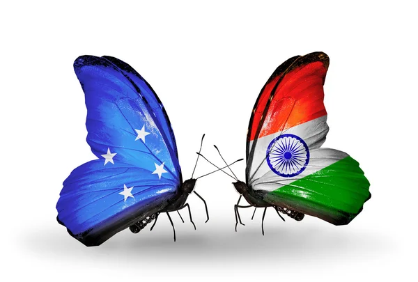 Butterflies with Micronesia and India flags — Stock Photo, Image