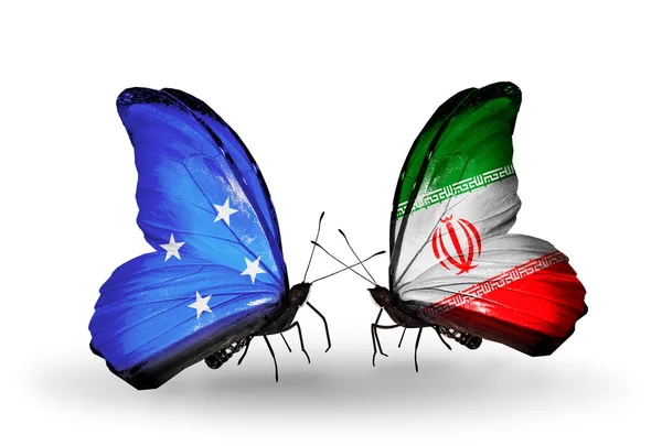 Papillons avec drapeaux Micronésie et Iran — Photo