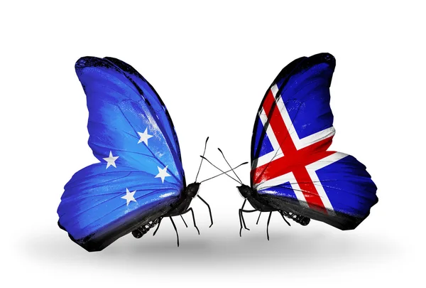 Borboletas com bandeiras da Micronésia e Islândia — Fotografia de Stock