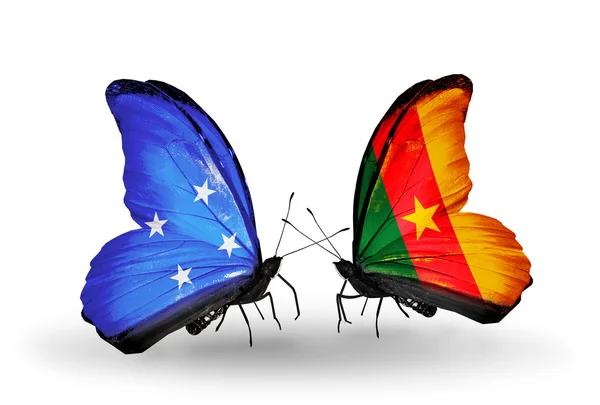 Butterflies with Micronesia and Cameroon flags — Stock Photo, Image