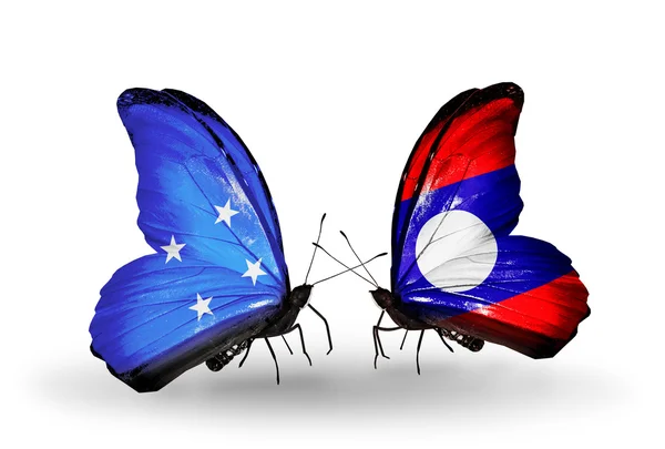 Mariposas con banderas de Micronesia y Laos — Foto de Stock