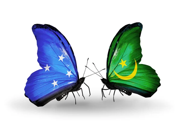 Papillons avec drapeaux Micronésie et Mauritanie — Photo