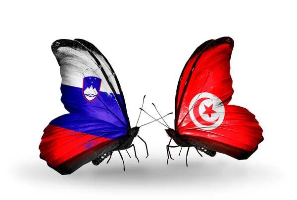 Mariposas con banderas de Eslovenia y Túnez — Foto de Stock
