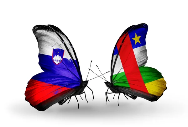 Butterflies with Slovenia and CAR flags — Stock Photo, Image