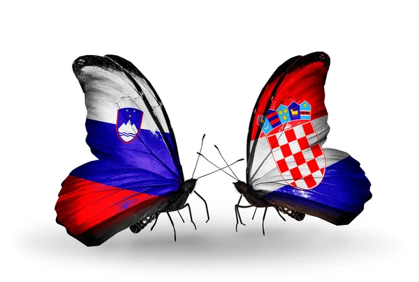 Butterflies with Slovenia and Croatia flags — Stock Photo, Image