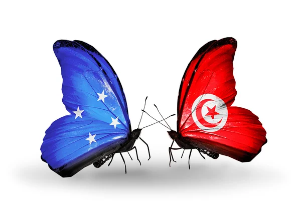 Motyle z flagami Mikronezja i Tunezja — Zdjęcie stockowe