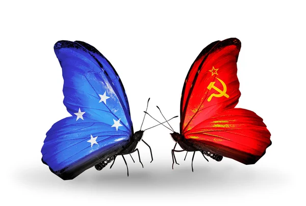 Butterflies with Micronesia and Soviet Union flags — Stock Photo, Image