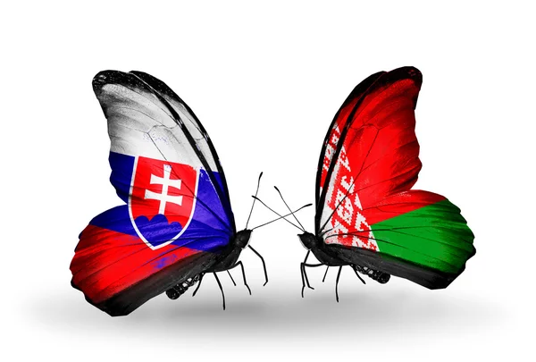 Butterflies with Slovakia and Belarus flags — Stock Photo, Image