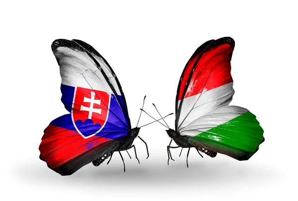 Butterflies with Slovakia and Hungary flags — Stock Photo, Image