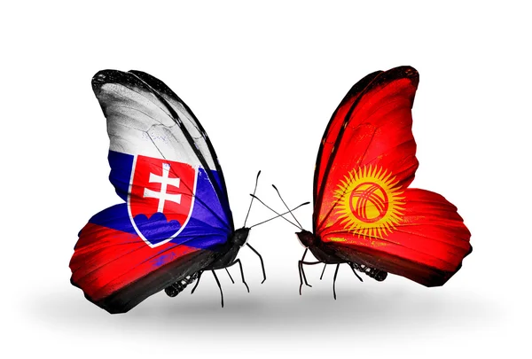 Butterflies with Slovakia and Kirghiz flags — Stock Photo, Image