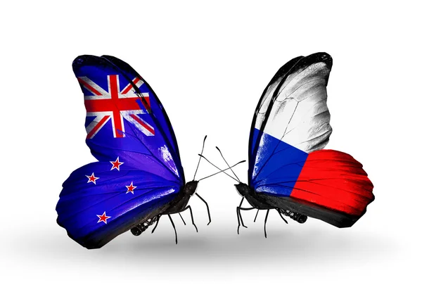 Butterflies with New Zealand and Czech flags — Stock Photo, Image