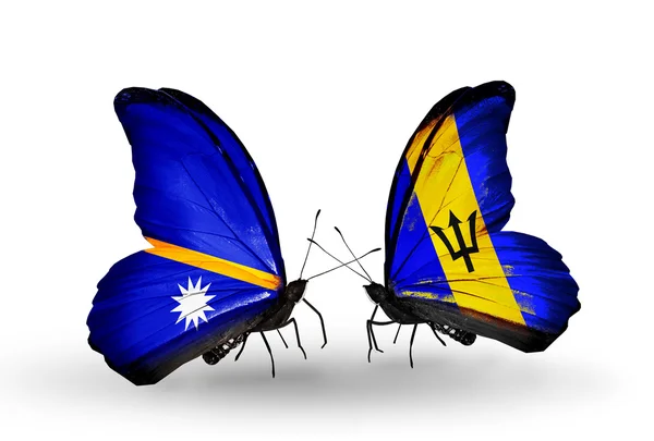 Mariposas con banderas de Nauru y Barbados — Foto de Stock