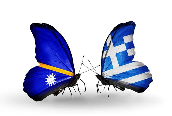 Butterflies with Nauru and Greece flags — Stock Photo, Image