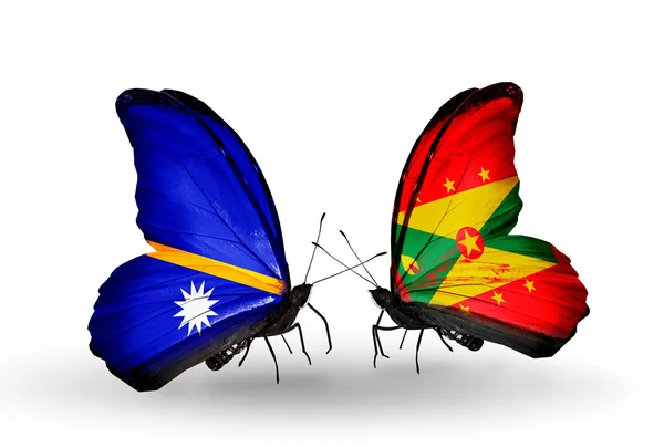 Butterflies with Nauru and Grenada flags — Stock Photo, Image