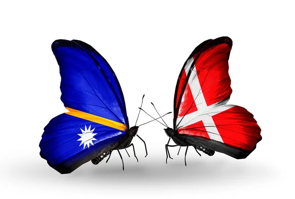 Butterflies with Nauru and Denmark flags — Stock Photo, Image