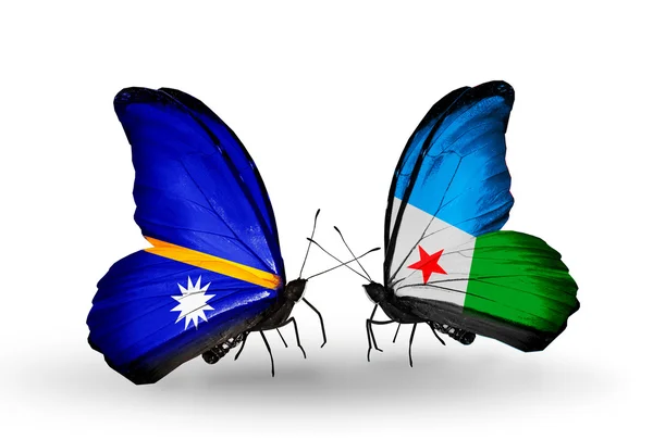 Butterflies with Nauru and Djibouti flags — Stock Photo, Image