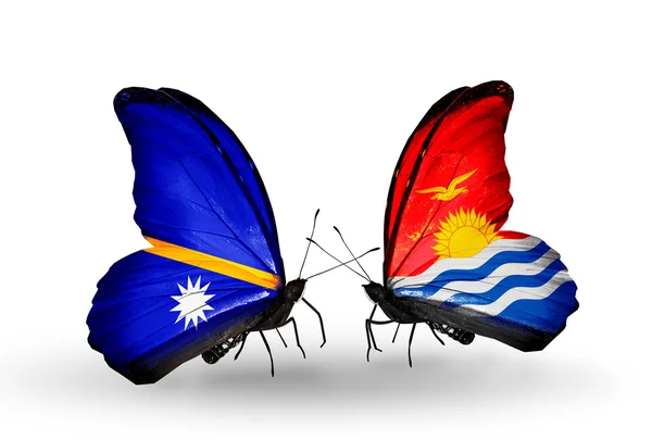 Butterflies with Nauru and Kiribati flags — Stock Photo, Image