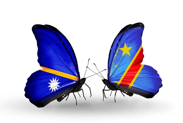 Butterflies with Nauru and Kongo flags — Stock Photo, Image