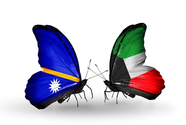 Butterflies with Nauru and Kuwait flags — Stock Photo, Image