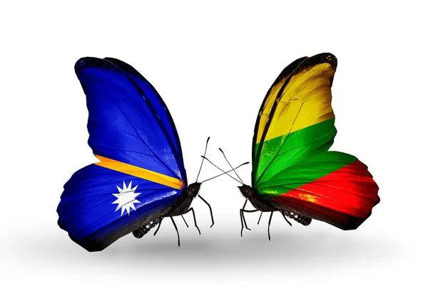 Butterflies with Nauru and Lithuania flags — Stock Photo, Image