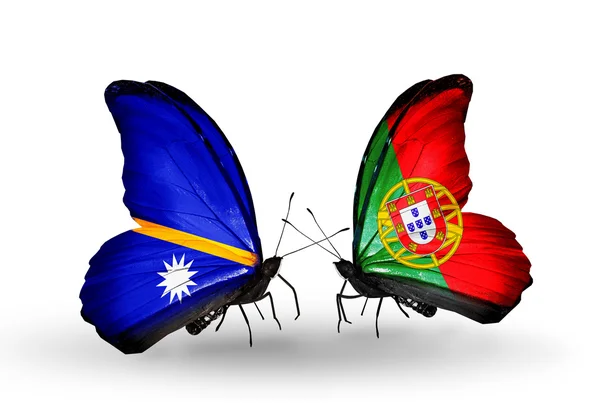 Butterflies with Nauru and Portugal flags — Stock Photo, Image