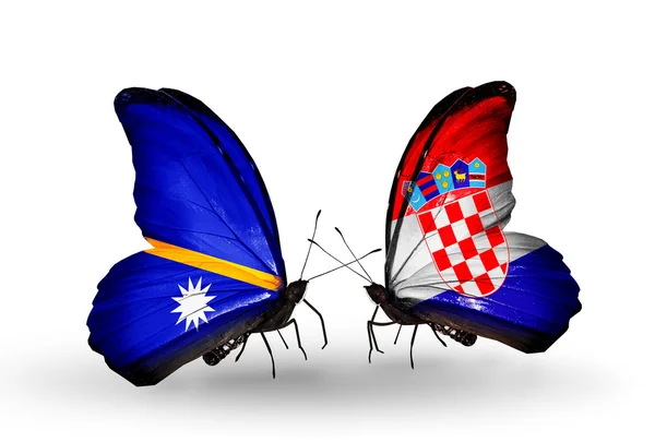 Butterflies with Nauru and Croatia flags — Stock Photo, Image