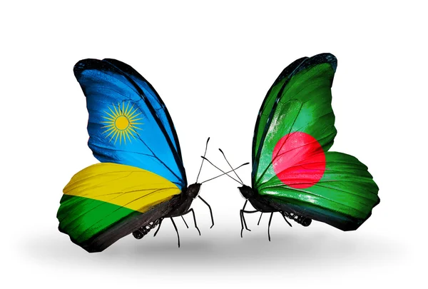 Butterflies with Rwanda and Bangladesh flags — Stock Photo, Image