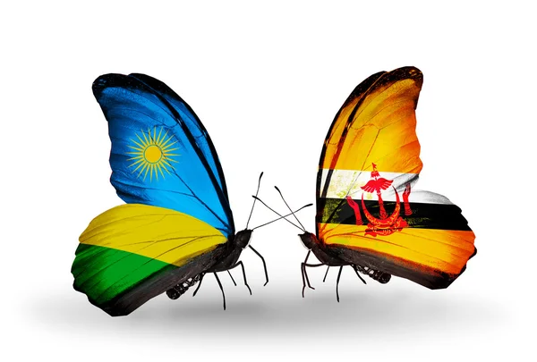 Butterflies with  Rwanda and  Brunei flags — Stock Photo, Image