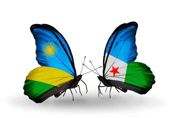 Butterflies with Rwanda and Djibouti flags — Stock Photo, Image