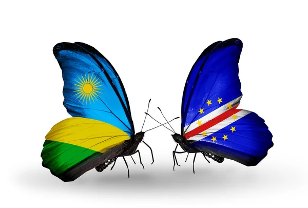 Butterflies with  Rwanda and Cape Verde flags — Stock Photo, Image