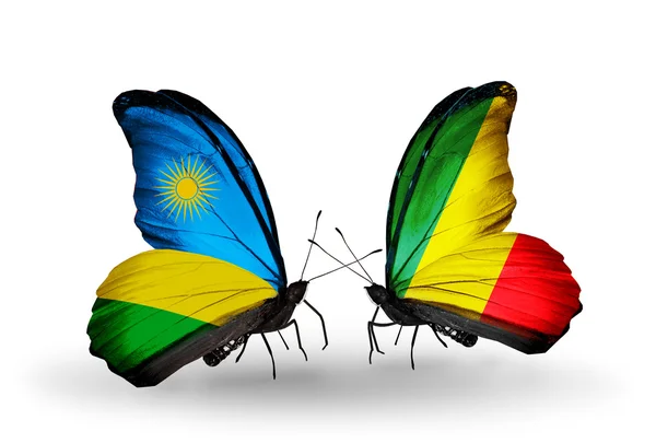 Butterflies with Rwanda and Kongo flags — Stock Photo, Image