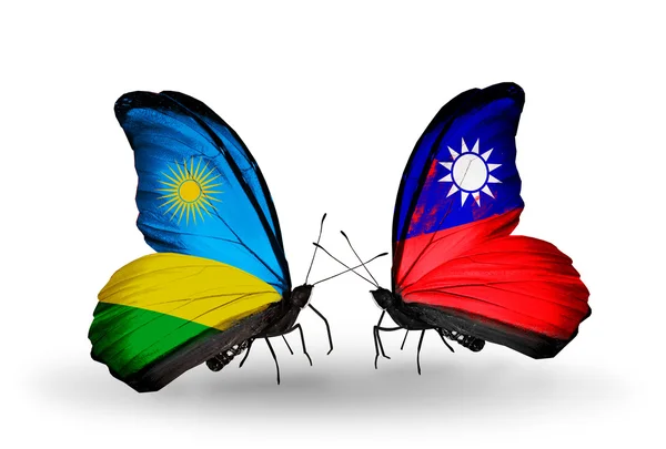 蝴蝶与卢旺达和台湾国旗 — 图库照片