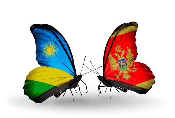 Butterflies with Rwanda and Montenegro flags — Stock Photo, Image