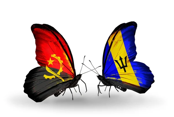 Butterflies with Angola and Barbados flags — Stock Photo, Image