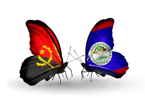 Butterflies with Angola and Belize flags — Stock Photo, Image