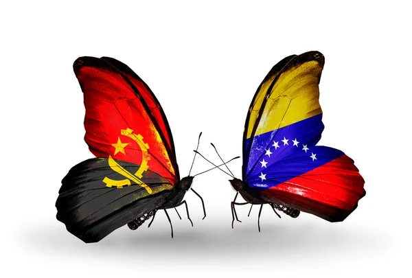 蝴蝶与安哥拉和委内瑞拉国旗 — 图库照片