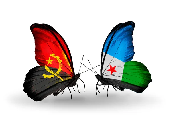 Butterflies with Angola and Djibouti flags — Stock Photo, Image