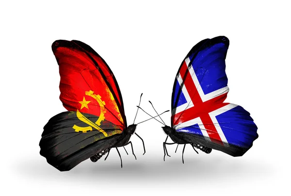 Butterflies with Angola and  Iceland flags — Stock Photo, Image