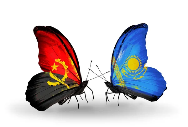 Mariposas con banderas de Angola y Kazajstán — Foto de Stock