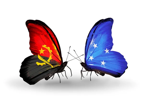 Butterflies with Angola and Micronesia flags — Stock Photo, Image